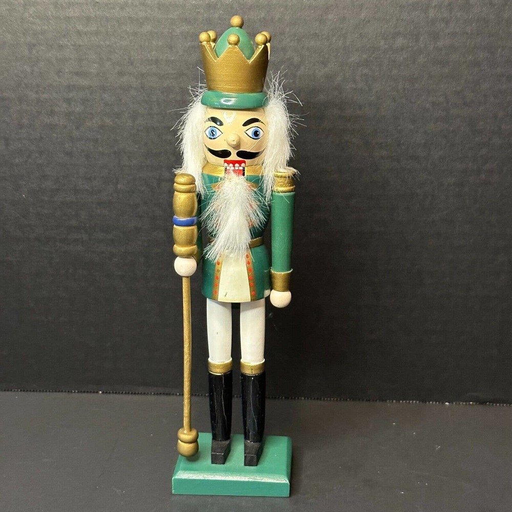 Christmas Teal/Green King w/Gold Crown Nutcracker Wooden 9.5" Tall Moving Mouth